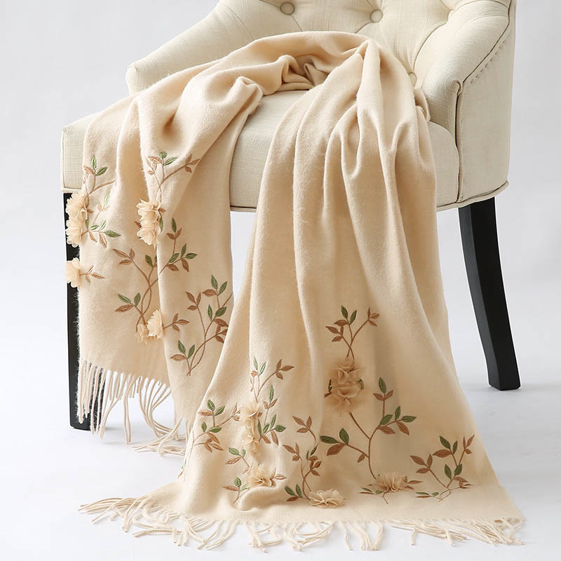Châle en laine avec Buddha Stones , broderie florale 3D, pompon, écharpe de voyage confortable pour l'hiver - image 19
