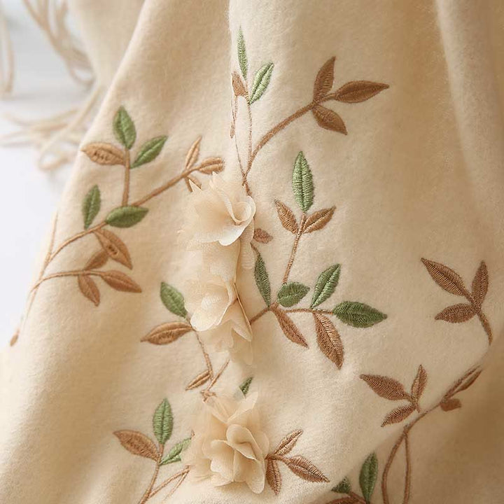 Châle en laine avec Buddha Stones , broderie florale 3D, pompon, écharpe de voyage confortable pour l'hiver