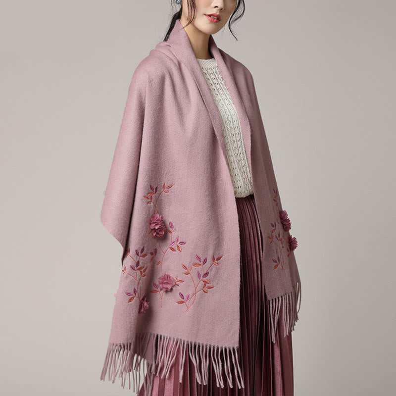 Châle en laine avec Buddha Stones , broderie florale 3D, pompon, écharpe de voyage confortable pour l'hiver