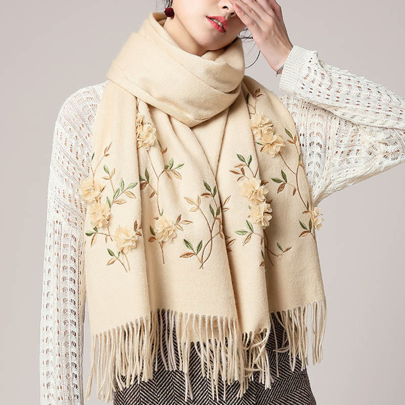 Châle en laine avec Buddha Stones , broderie florale 3D, pompon, écharpe de voyage confortable pour l'hiver - image 17