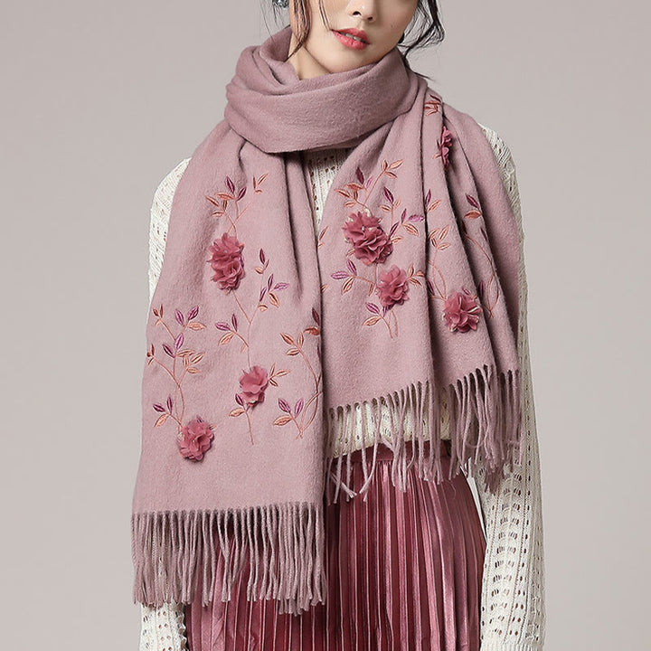 Châle en laine avec Buddha Stones , broderie florale 3D, pompon, écharpe de voyage confortable pour l'hiver