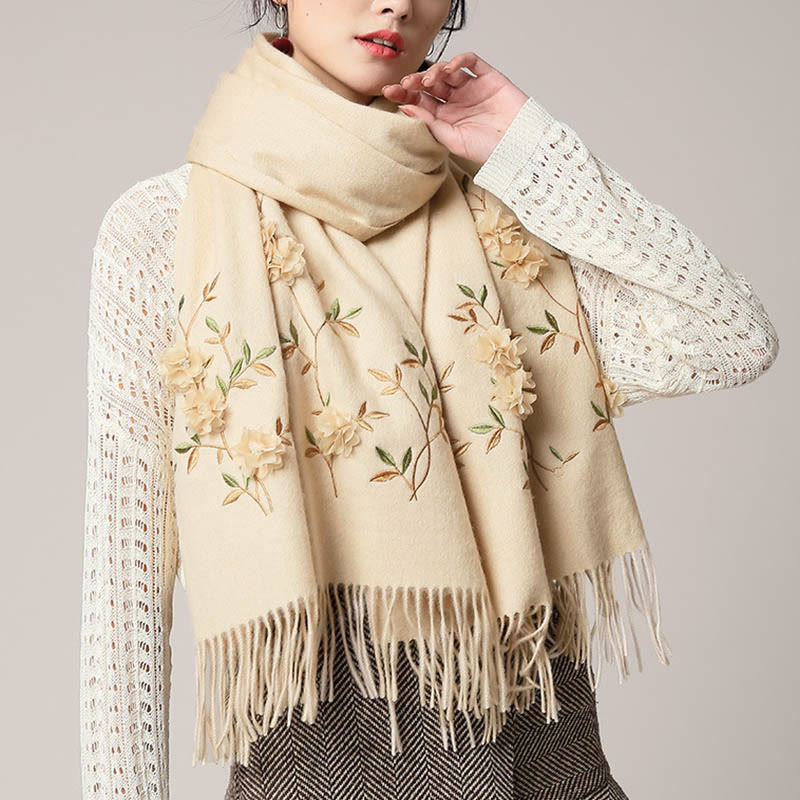 Châle en laine avec Buddha Stones , broderie florale 3D, pompon, écharpe de voyage confortable pour l'hiver