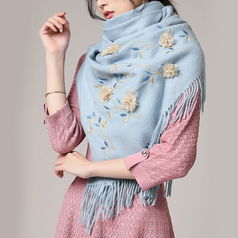 Châle en laine avec Buddha Stones , broderie florale 3D, pompon, écharpe de voyage confortable pour l'hiver