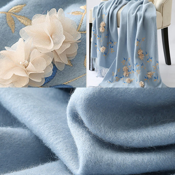 Châle en laine avec Buddha Stones , broderie florale 3D, pompon, écharpe de voyage confortable pour l'hiver