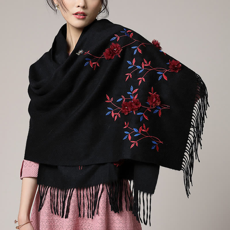Châle en laine avec Buddha Stones , broderie florale 3D, pompon, écharpe de voyage confortable pour l'hiver - Noir - 200 x 60 cm - image 0