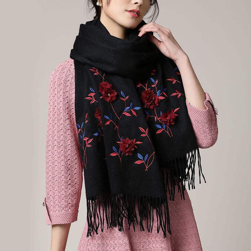 Châle en laine avec Buddha Stones , broderie florale 3D, pompon, écharpe de voyage confortable pour l'hiver