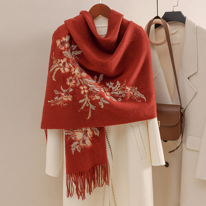 Châle en laine avec Buddha Stones, fleur rouge, paillettes dorées, broderie, pompon, écharpe de voyage confortable pour l'hiver - FireBrick - 200 x 60 cm - image 0