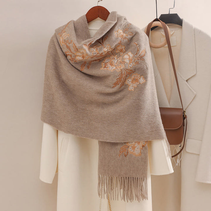 Châle en laine avec Buddha Stones, fleur rouge, paillettes dorées, broderie, pompon, écharpe de voyage confortable pour l'hiver - Tanné - 200 x 60 cm - image 5