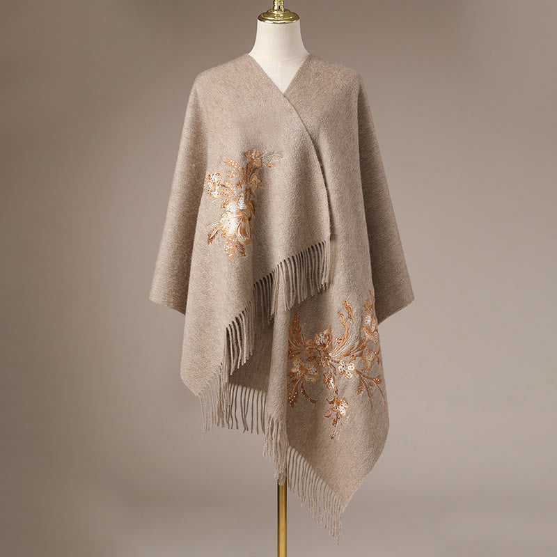 Châle en laine avec Buddha Stones, fleur rouge, paillettes dorées, broderie, pompon, écharpe de voyage confortable pour l'hiver - image 7