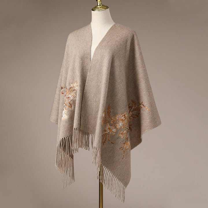 Châle en laine avec Buddha Stones, fleur rouge, paillettes dorées, broderie, pompon, écharpe de voyage confortable pour l'hiver - image 6