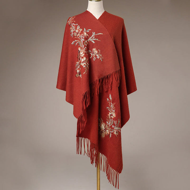 Châle en laine avec Buddha Stones, fleur rouge, paillettes dorées, broderie, pompon, écharpe de voyage confortable pour l'hiver - image 2