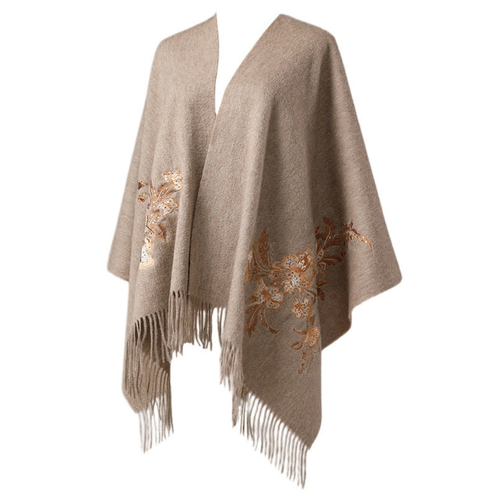 Châle en laine avec Buddha Stones, fleur rouge, paillettes dorées, broderie, pompon, écharpe de voyage confortable pour l'hiver - image 11