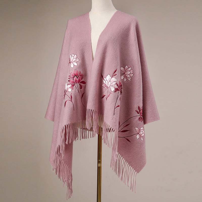Châle en laine avec Buddha Stones et pompon brodé en lotus rose, écharpe de voyage confortable pour l'hiver