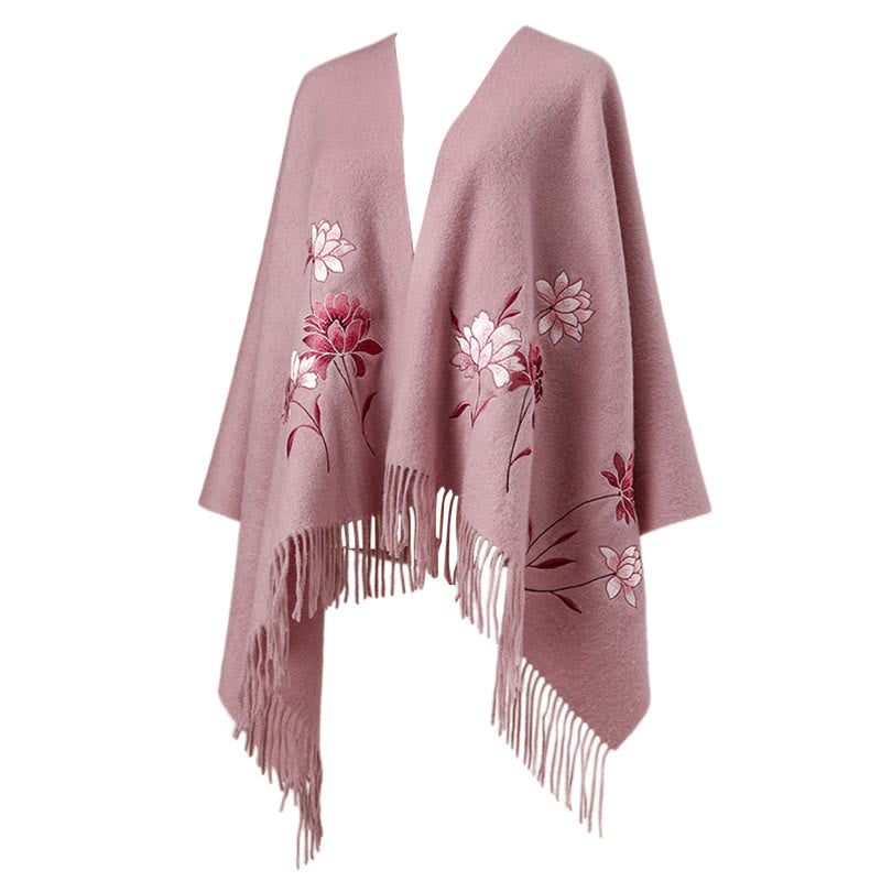 Châle en laine avec Buddha Stones et pompon brodé en lotus rose, écharpe de voyage confortable pour l'hiver