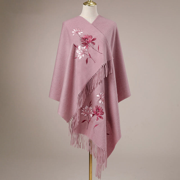 Châle en laine avec Buddha Stones et pompon brodé en lotus rose, écharpe de voyage confortable pour l'hiver