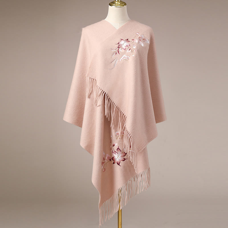 Châle en laine avec Buddha Stones , broderie de fleurs roses et blanches, pompon, écharpe de voyage confortable pour l'hiver - PeachPuff - 200 x 60 cm - image 1