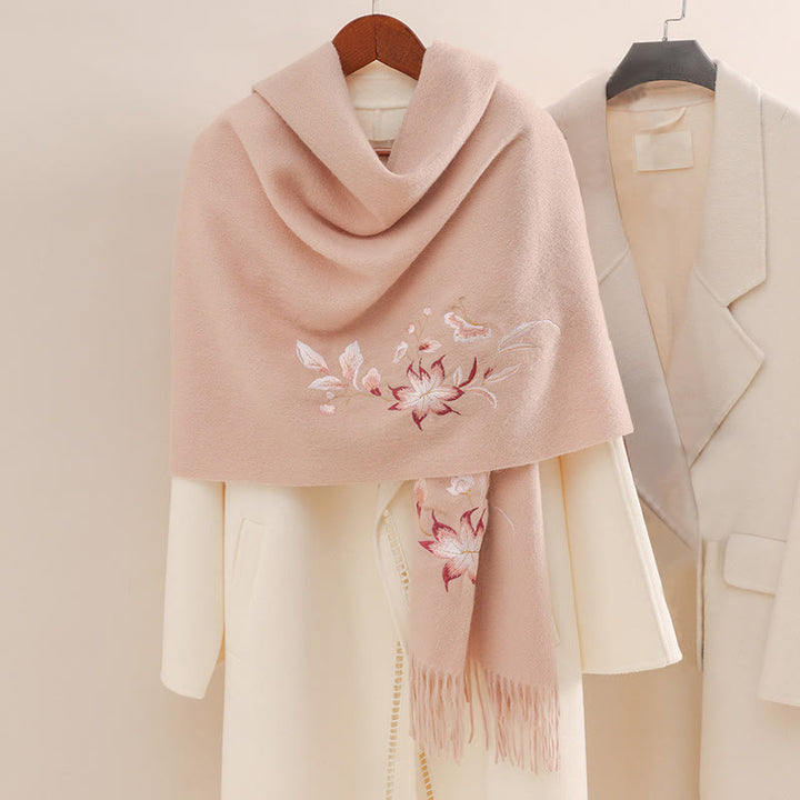 Châle en laine avec Buddha Stones , broderie de fleurs roses et blanches, pompon, écharpe de voyage confortable pour l'hiver - image 0
