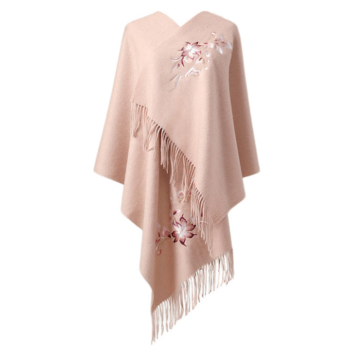 Châle en laine avec Buddha Stones , broderie de fleurs roses et blanches, pompon, écharpe de voyage confortable pour l'hiver - image 6