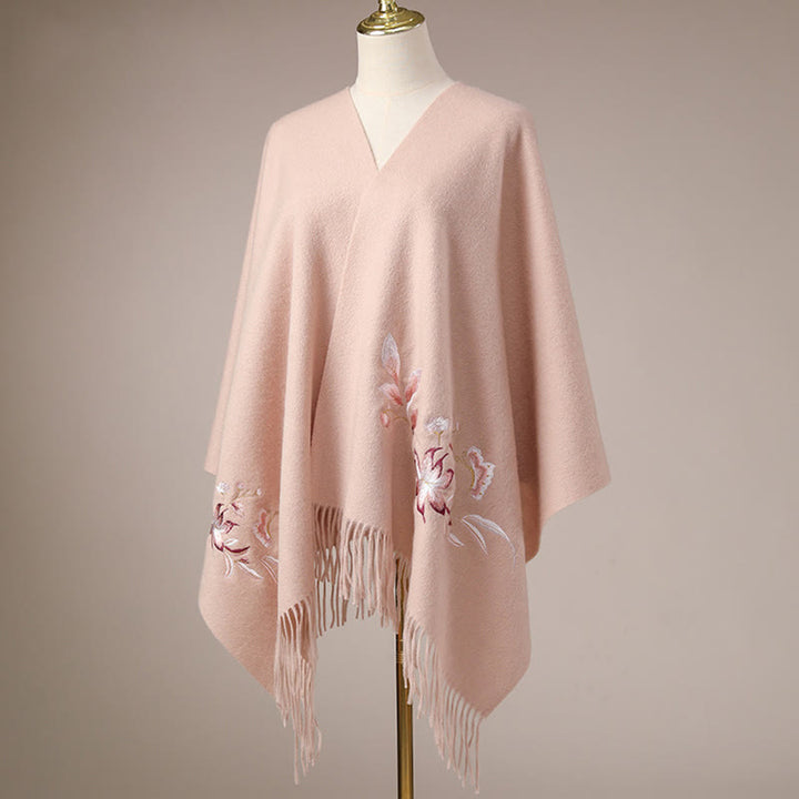 Châle en laine avec Buddha Stones , broderie de fleurs roses et blanches, pompon, écharpe de voyage confortable pour l'hiver - image 2