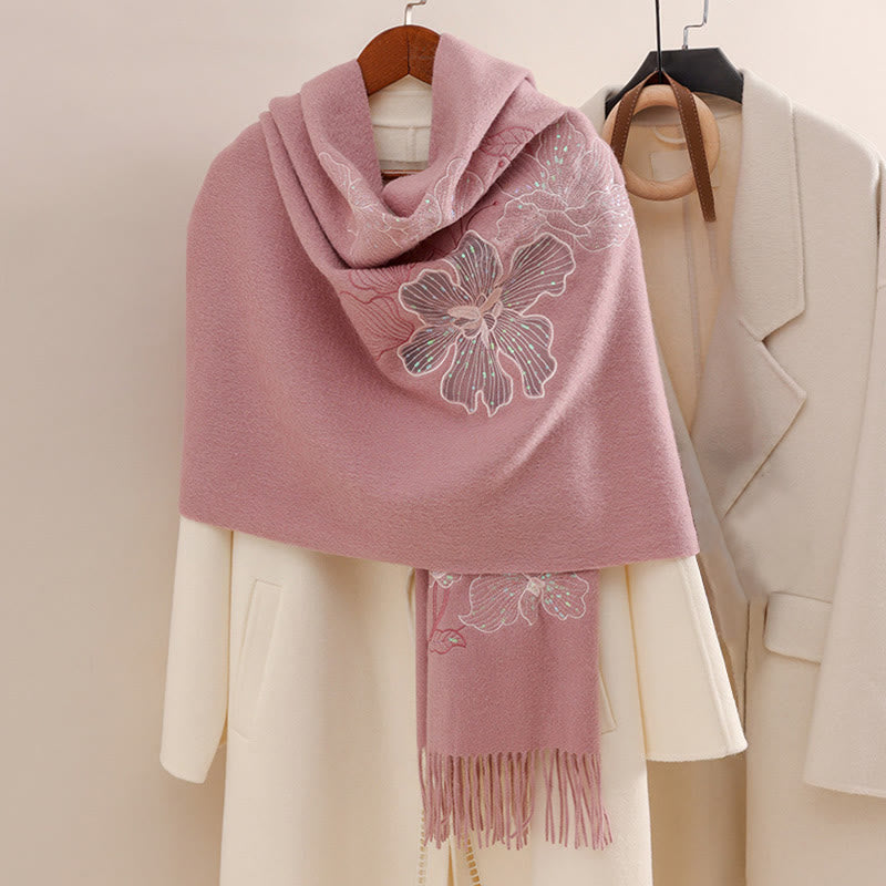 Châle en laine avec Buddha Stones, grande fleur, paillettes, broderie, pompon, écharpe de voyage confortable pour l'hiver - Rose clair - 200 x 60 cm - image 6