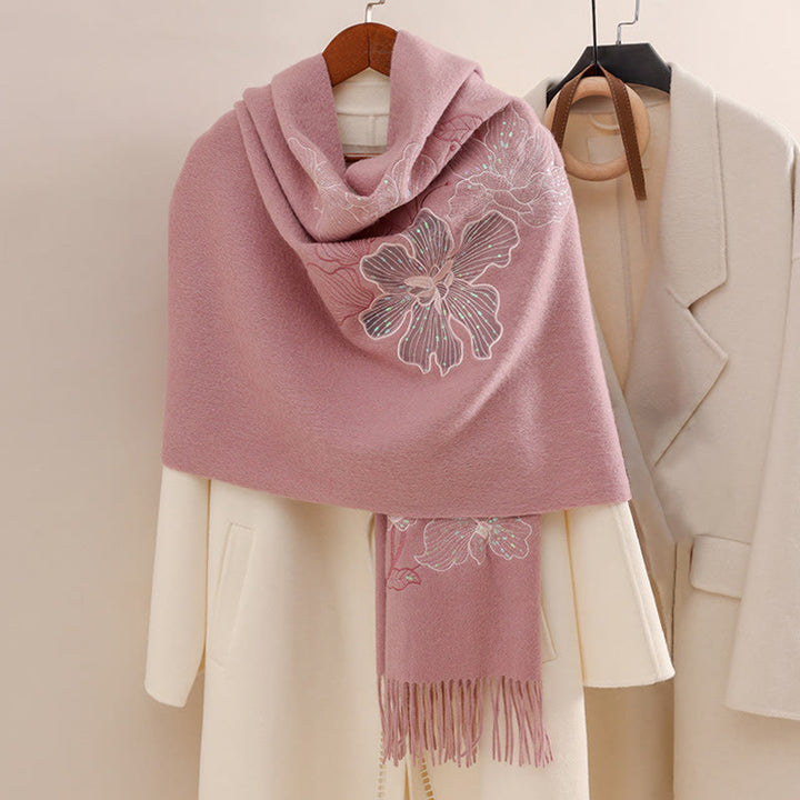 Châle en laine avec Buddha Stones, grande fleur, paillettes, broderie, pompon, écharpe de voyage confortable pour l'hiver - Rose clair - 200 x 60 cm - image 6