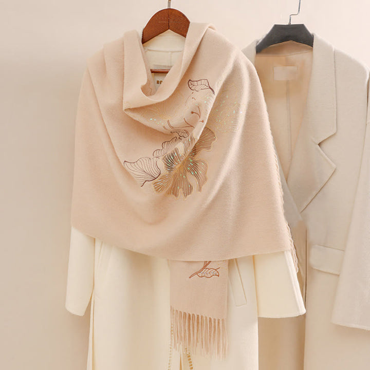 Châle en laine avec Buddha Stones, grande fleur, paillettes, broderie, pompon, écharpe de voyage confortable pour l'hiver - PeachPuff - 200 x 60 cm - image 0