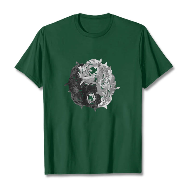 T-shirt en coton avec motif de pierres de Buddha Stones, Yin Yang, poisson Koi - Vert forêt - 2XL - image 8