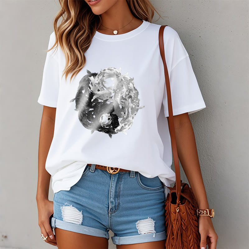 T-shirt en coton avec motif de pierres de Buddha Stones, Yin Yang, poisson Koi - image 1
