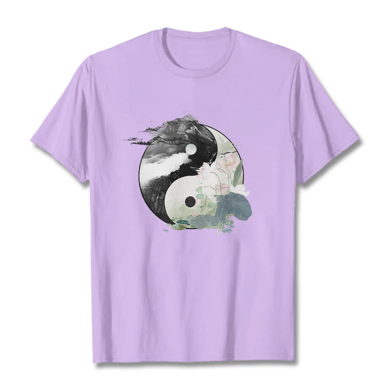 T-shirt en coton avec peinture à l' Buddha Stones et feuilles de lotus Yin Yang - Prune - 2XL - image 19