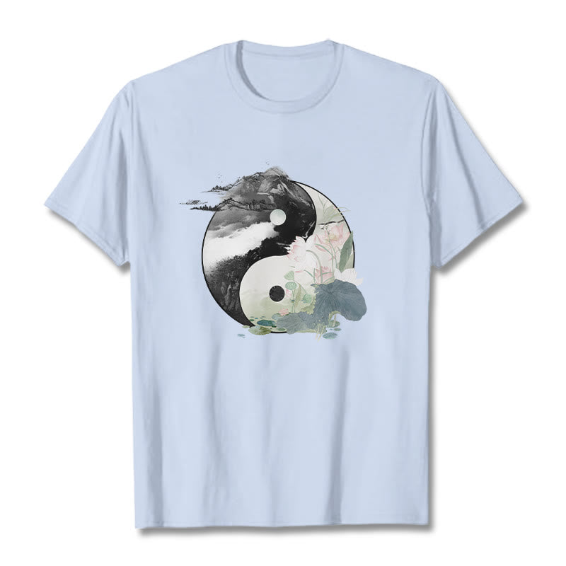 T-shirt en coton avec peinture à l' Buddha Stones et feuilles de lotus Yin Yang - Cyan clair - 2XL - image 12