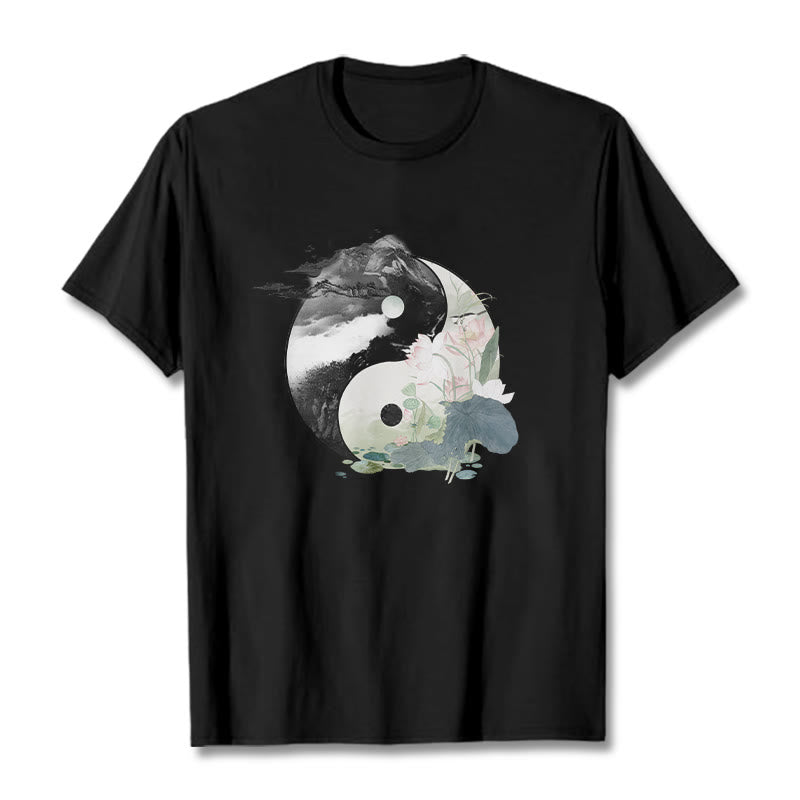 T-shirt en coton avec peinture à l' Buddha Stones et feuilles de lotus Yin Yang - Noir - 2XL - image 1