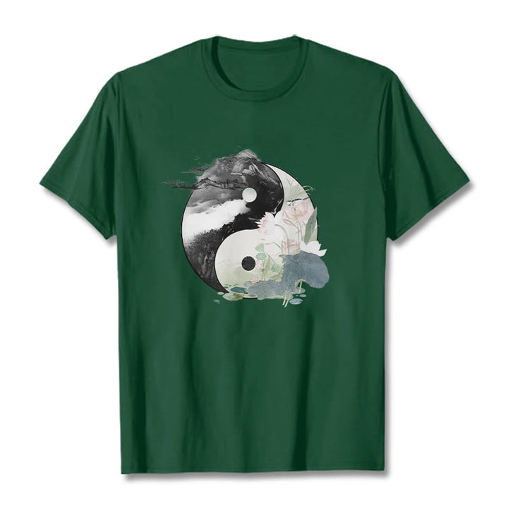 T-shirt en coton avec peinture à l' Buddha Stones et feuilles de lotus Yin Yang - Forêt Verte - 2XL - image 6