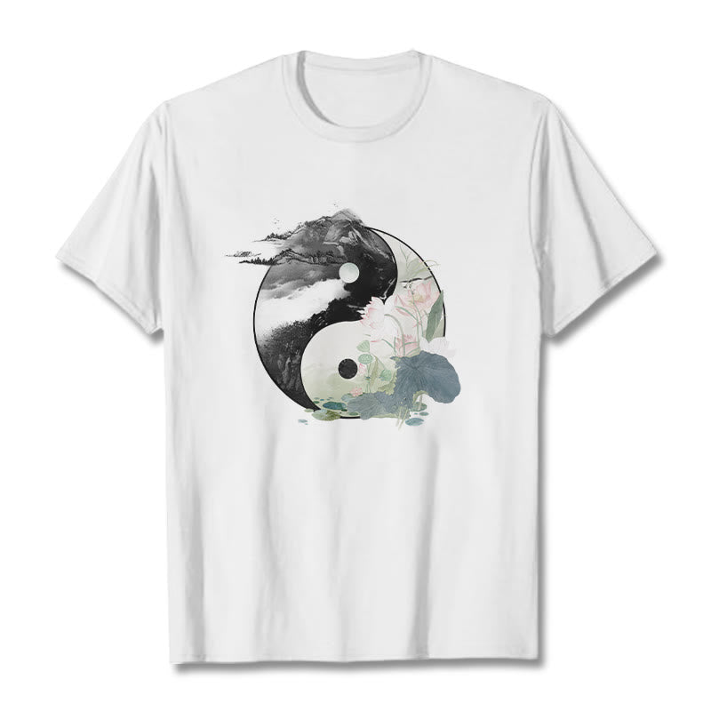 T-shirt en coton avec peinture à l' Buddha Stones et feuilles de lotus Yin Yang - Blanc - 2XL - image 8