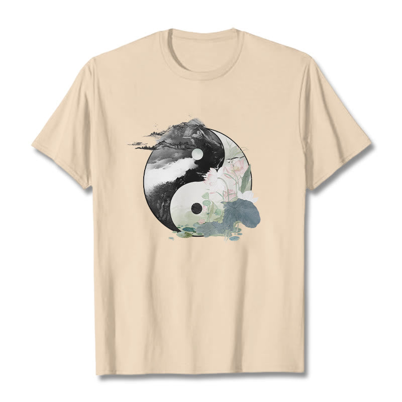T-shirt en coton avec peinture à l' Buddha Stones et feuilles de lotus Yin Yang - Bisque - 2XL - image 13