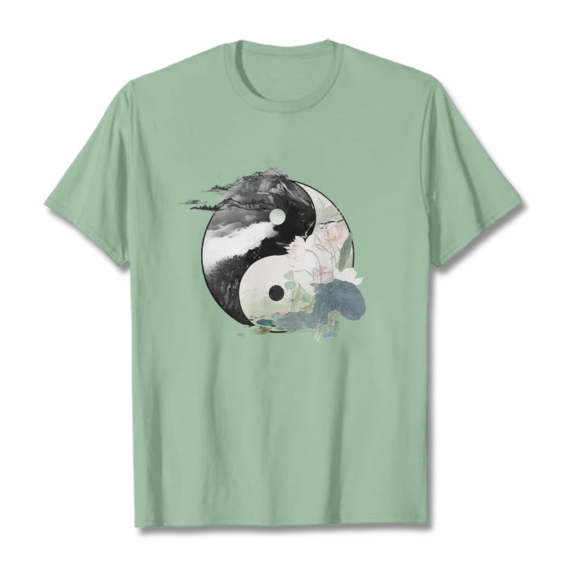 T-shirt en coton avec peinture à l' Buddha Stones et feuilles de lotus Yin Yang - Vert pâle - 2XL - image 15