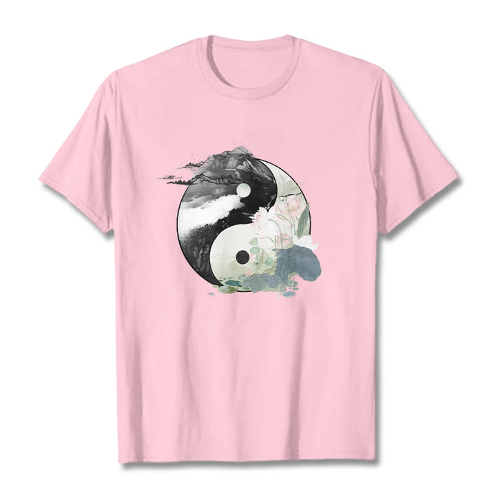 T-shirt en coton avec peinture à l' Buddha Stones et feuilles de lotus Yin Yang - Rose clair - 2XL - image 17