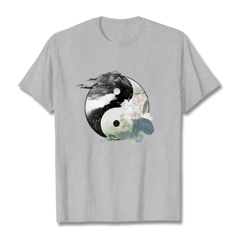 T-shirt en coton avec peinture à l' Buddha Stones et feuilles de lotus Yin Yang - Gris clair - 2XL - image 11