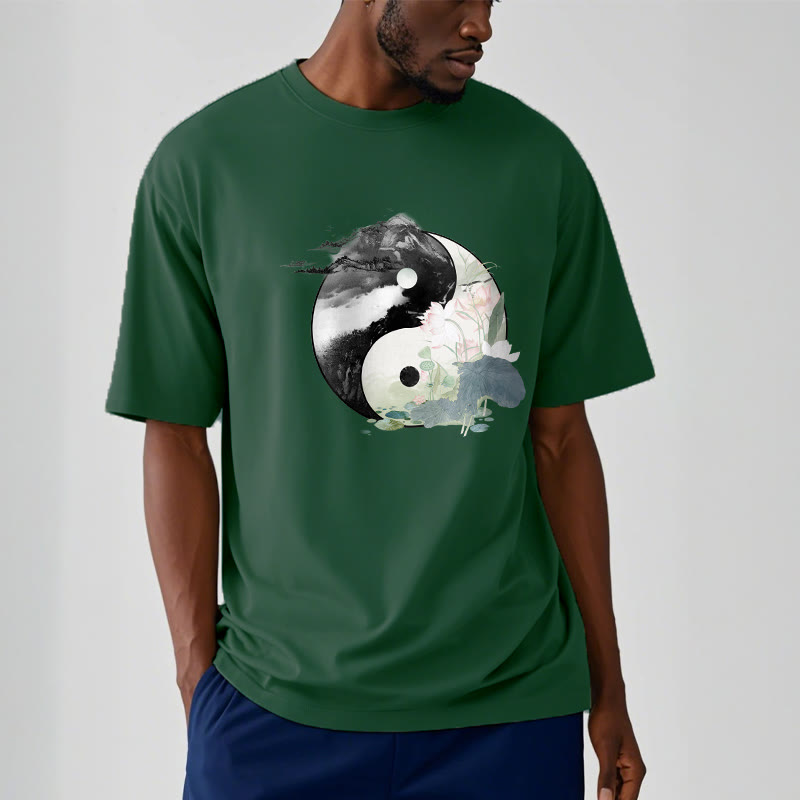 T-shirt en coton avec peinture à l' Buddha Stones et feuilles de lotus Yin Yang - image 7