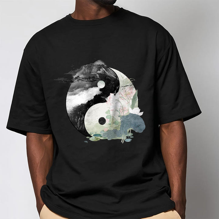 T-shirt en coton avec peinture à l' Buddha Stones et feuilles de lotus Yin Yang - image 3