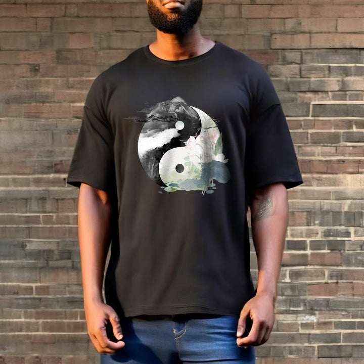 T-shirt en coton avec peinture à l' Buddha Stones et feuilles de lotus Yin Yang - image 4