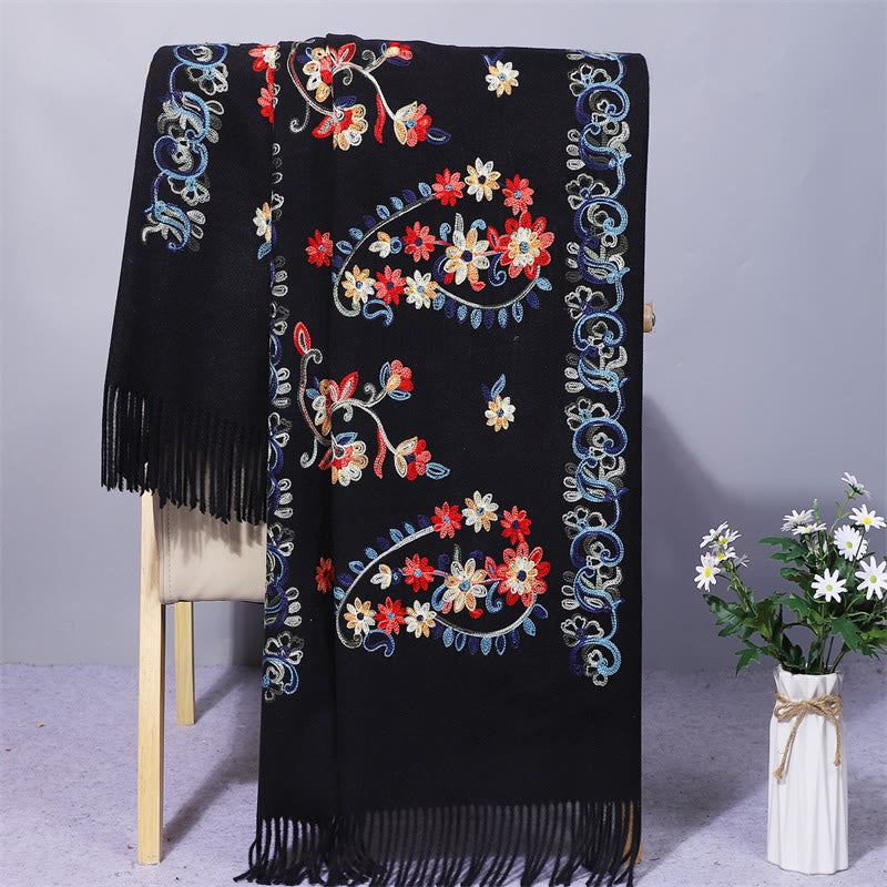 Châle en polyester avec Buddha Stones, motif floral coloré, style ethnique, broderie à pompon, écharpe de voyage confortable pour l'hiver - Noir - 200 x 70 cm - image 1