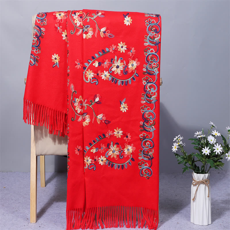 Châle en polyester avec Buddha Stones, motif floral coloré, style ethnique, broderie à pompon, écharpe de voyage confortable pour l'hiver - Rouge - 200 x 70 cm - image 0