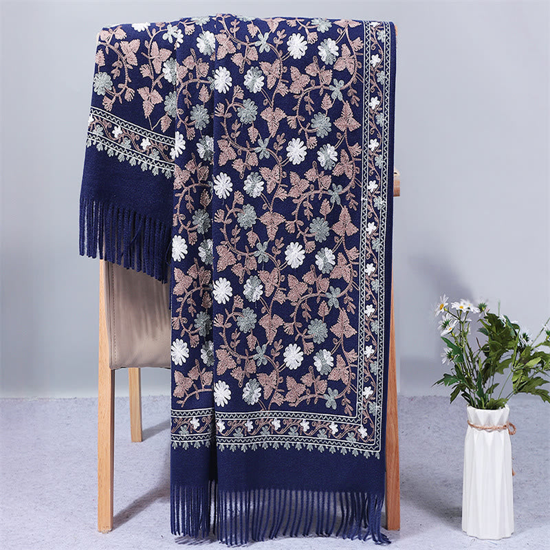 Châle en polyester avec Buddha Stones et fleurs de cajou brodées à pompons pour l'hiver - Bleu nuit - 200 x 70 cm - image 0