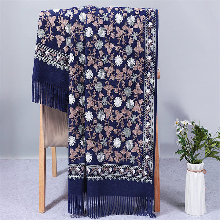 Châle en polyester avec Buddha Stones et fleurs de cajou brodées à pompons pour l'hiver - Bleu nuit - 200 x 70 cm - image 0