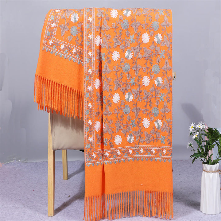 Châle en polyester avec Buddha Stones et fleurs de cajou brodées à pompons pour l'hiver - Orange - 200 x 70 cm - image 7