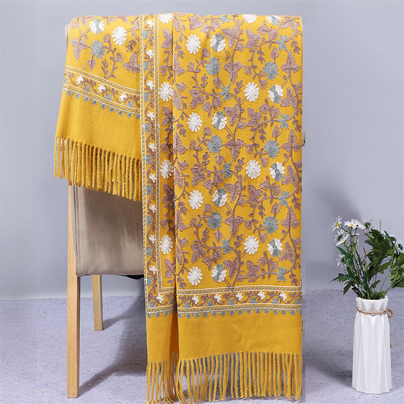 Châle en polyester avec Buddha Stones et fleurs de cajou brodées à pompons pour l'hiver - Or - 200 x 70 cm - image 6