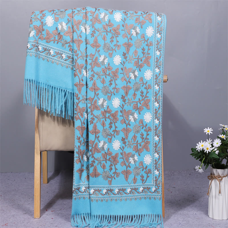 Châle en polyester avec Buddha Stones et fleurs de cajou brodées à pompons pour l'hiver - Bleu ciel clair - 200 x 70 cm - image 12