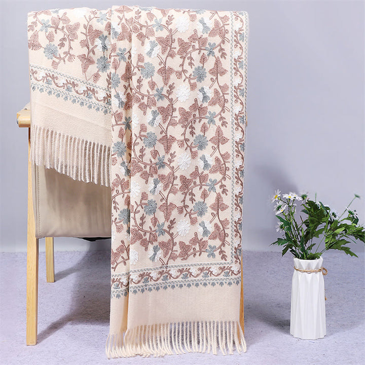 Châle en polyester avec Buddha Stones et fleurs de cajou brodées à pompons pour l'hiver - Lin - 200 x 70 cm - image 1