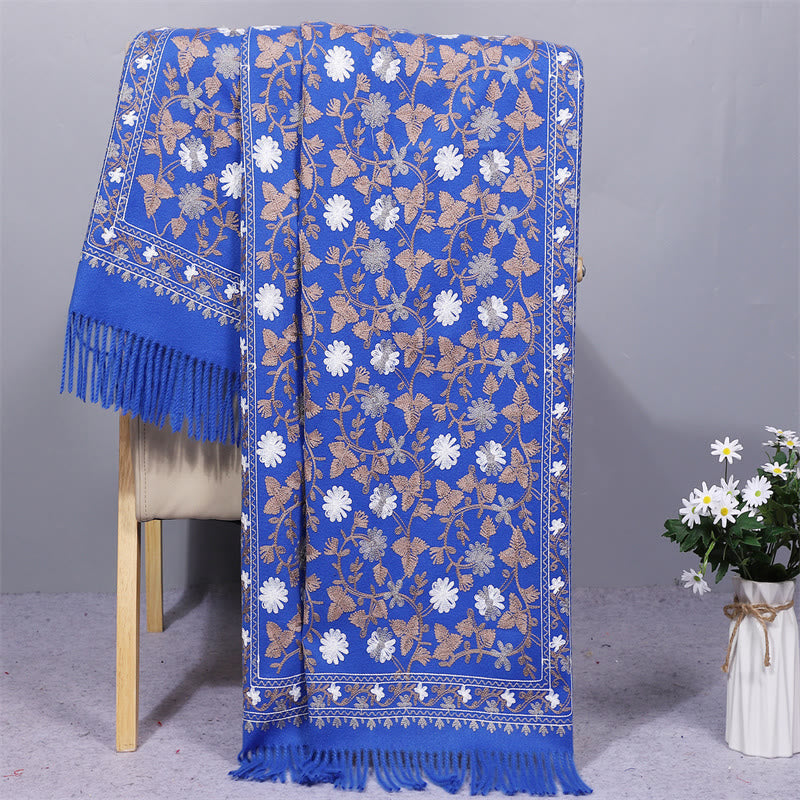 Châle en polyester avec Buddha Stones et fleurs de cajou brodées à pompons pour l'hiver - Bleu royal - 200 x 70 cm - image 11
