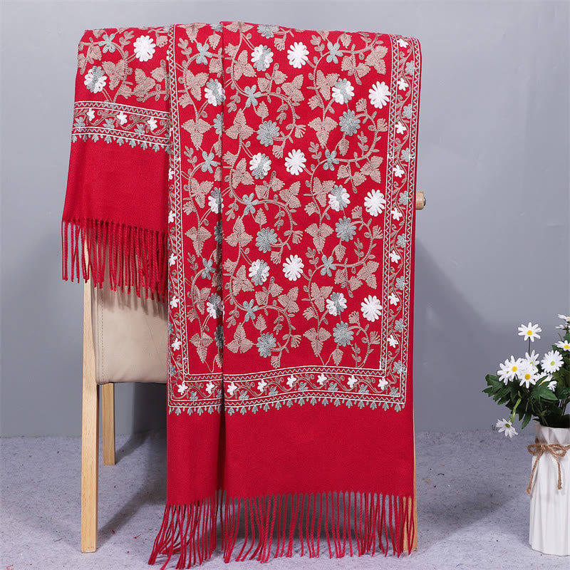 Châle en polyester avec Buddha Stones et fleurs de cajou brodées à pompons pour l'hiver - FireBrick - 200 x 70 cm - image 8